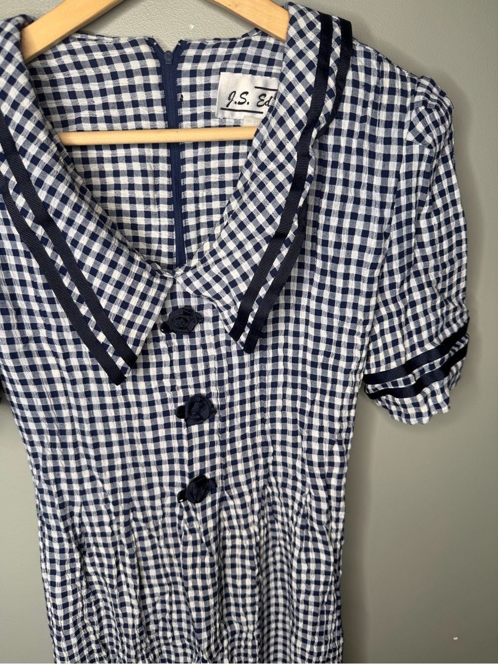 J.S. Edward Vintage 90s Navy Gingham Prairie Rosette Collar Midi Dress - Picture 7 of 12
